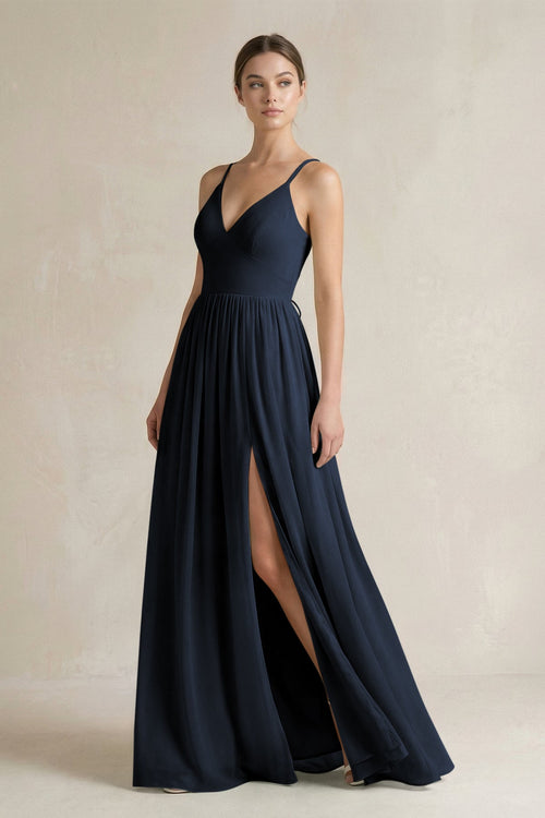 A-Line Spaghetti Strap Chiffon Bridesmaid Dress in Dark Navy - KissProm BRIDESMAID DRESSES