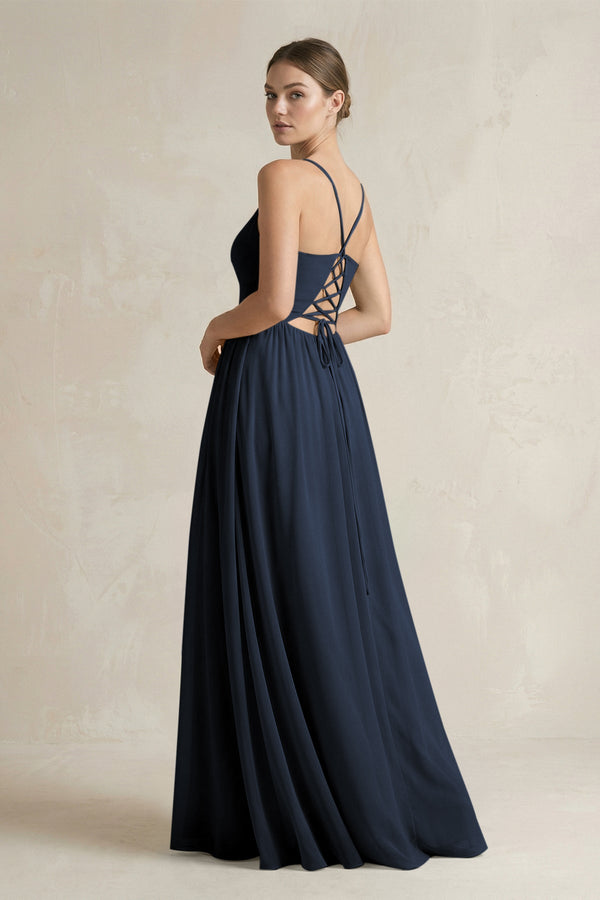 KissProm A-Line Spaghetti Strap Chiffon Bridesmaid Dress in Dark Navy, Dark Navy / 18