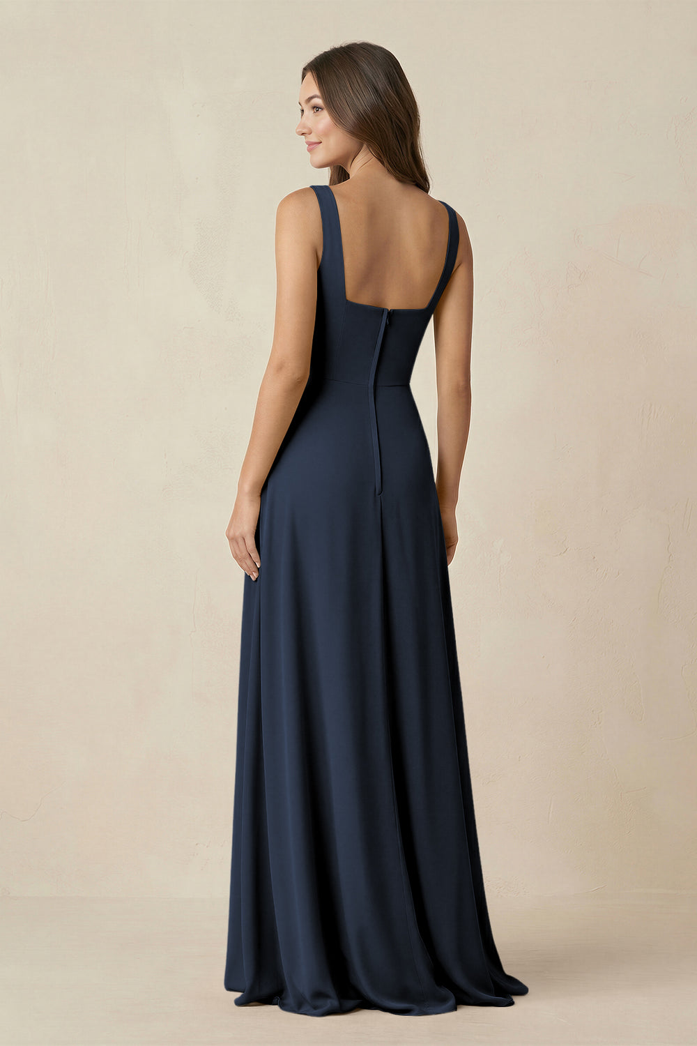 Square Neck A-Line Bridesmaid Dress With Slit in Dark Navy