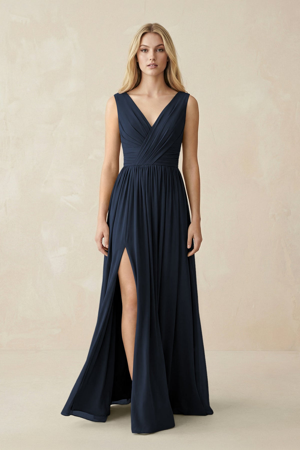 V-Neck Chiffon Pleated A-Line Bridesmaid Dress in Dark Navy - KissProm BRIDESMAID DRESSES