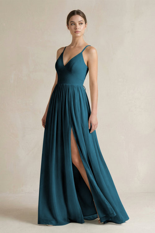 KissProm A-Line Spaghetti Strap Chiffon Bridesmaid Dress in Dark Teal, Dark Teal / 16