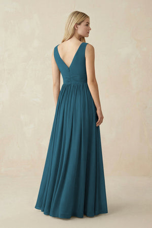 V-Neck Chiffon Pleated A-Line Bridesmaid Dress in Dark Teal - KissProm BRIDESMAID DRESSES