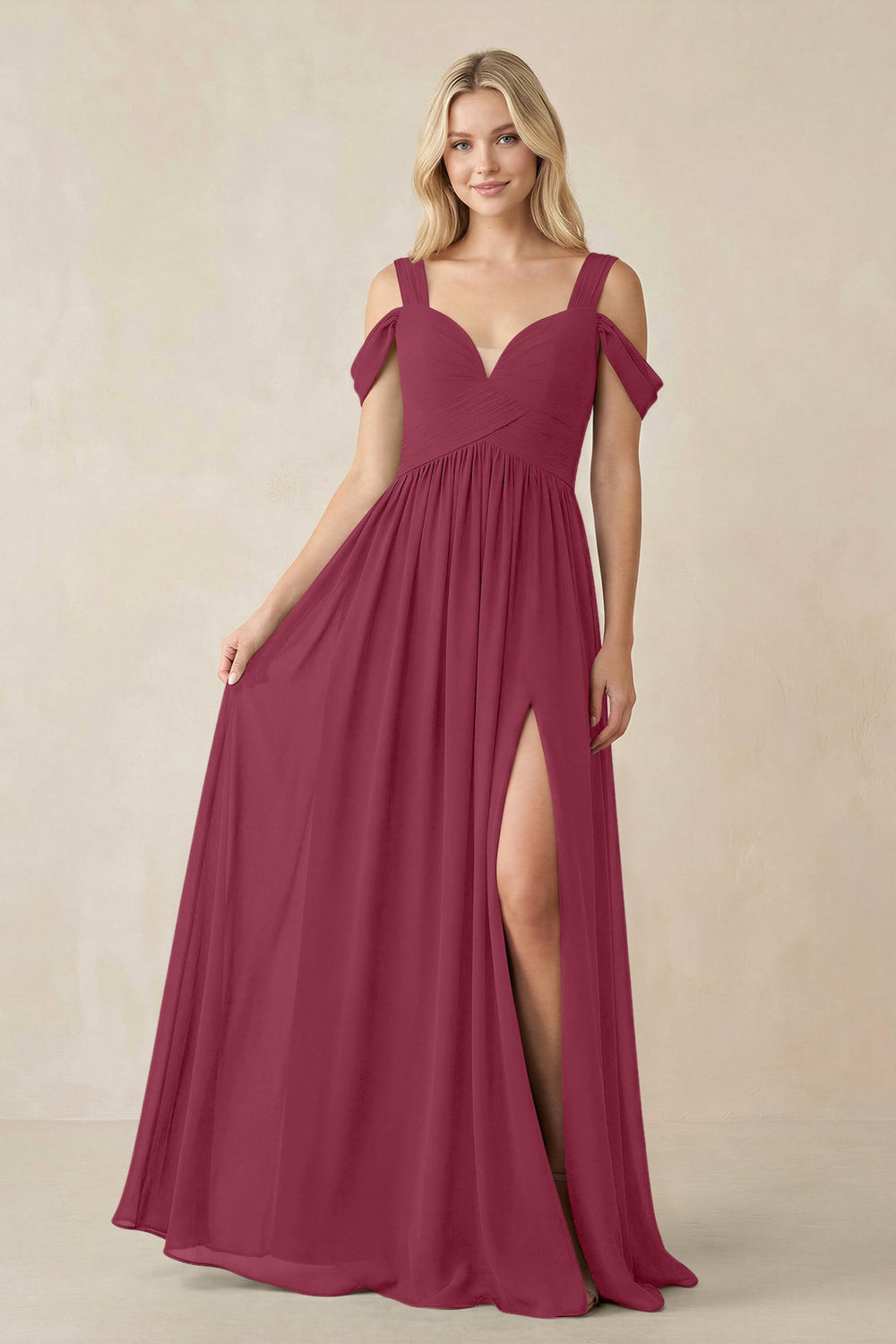 Chiffon A-Line Bridesmaid Dress with Slit  in Desert Rose - KissProm BRIDESMAID DRESSES