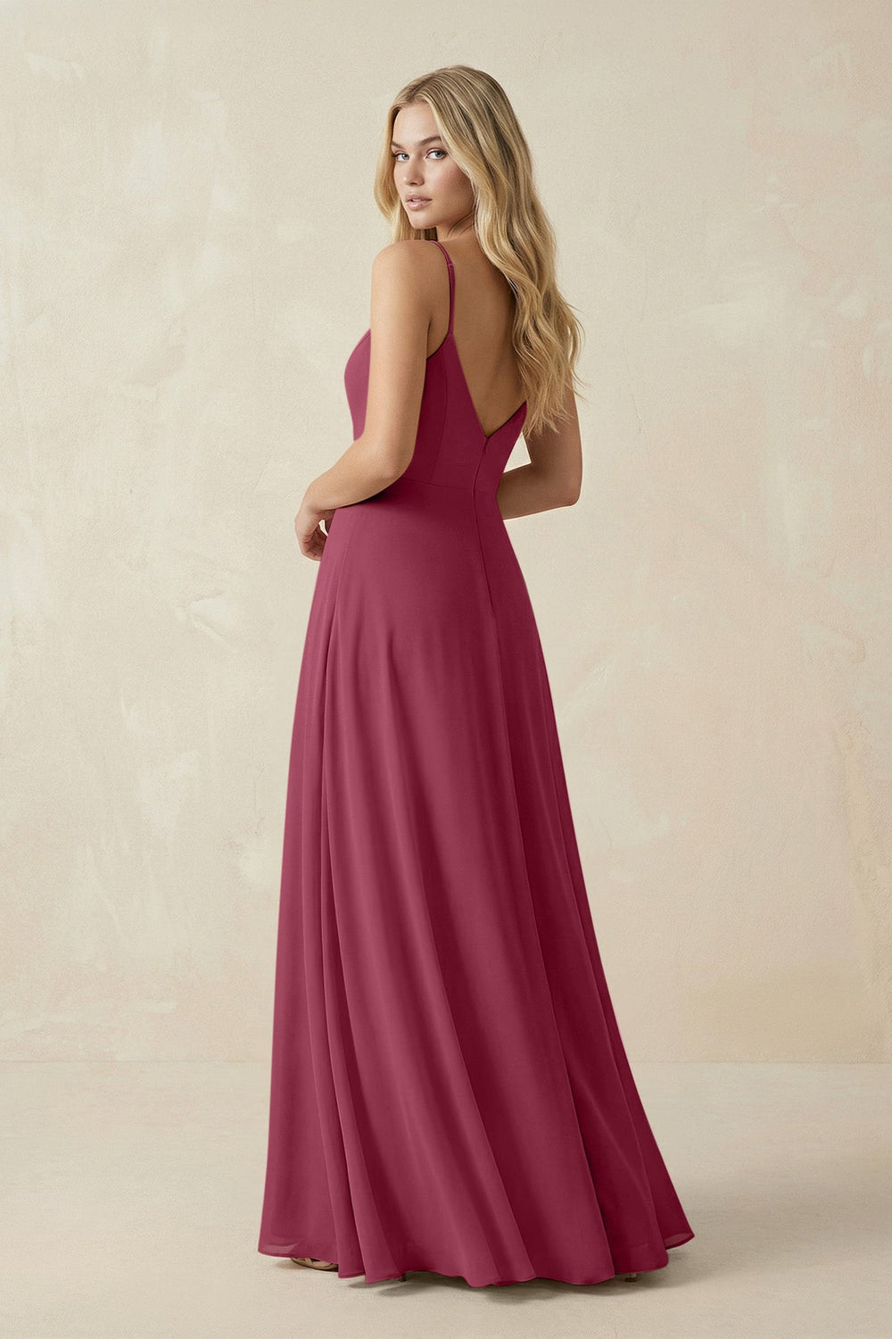 Cami Strap A-Line Chiffon Bridesmaid Dress with Slit in Desert Rose - KissProm BRIDESMAID DRESSES