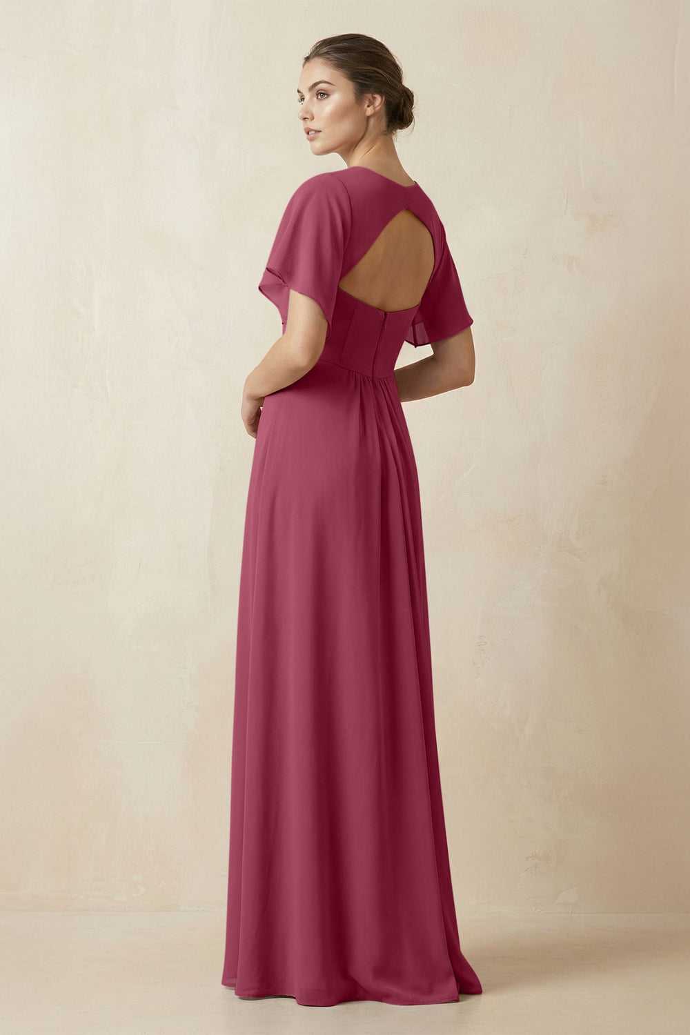 Short Sleeve V-Neck Chiffon A-Line Bridesmaid Dress in Desert Rose - KissProm BRIDESMAID DRESSES