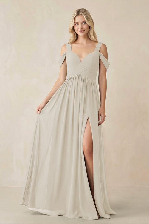 Chiffon A-Line Bridesmaid Dress with Slit  in Dove Gray - KissProm BRIDESMAID DRESSES