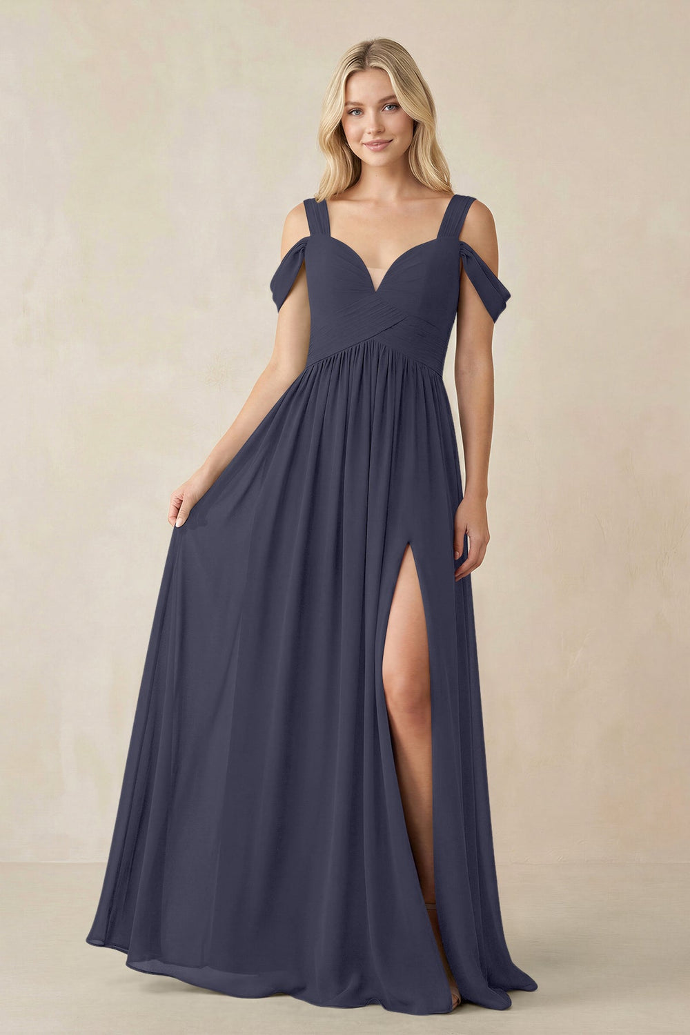 Chiffon A-Line Bridesmaid Dress with Slit  in Dusk Blue - KissProm BRIDESMAID DRESSES