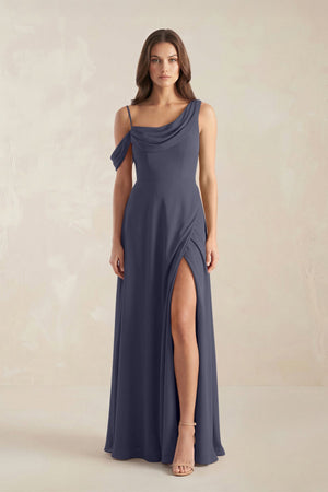 One-Shoulder Chiffon A-Line Bridesmaid Dress in Dusk Blue - KissProm BRIDESMAID DRESSES