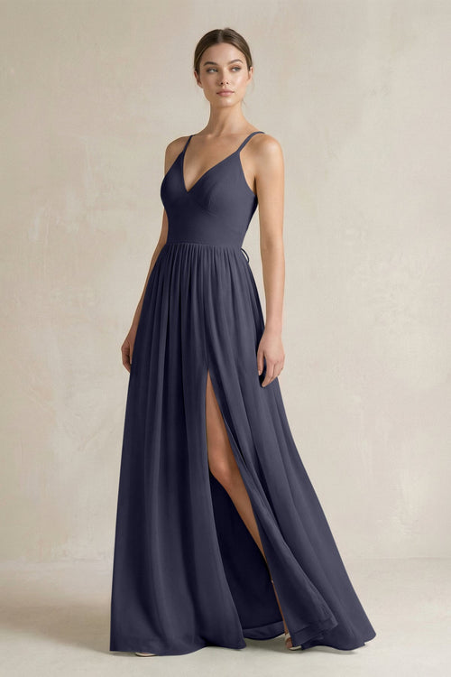 A-Line Spaghetti Strap Chiffon Bridesmaid Dress in Dusk Blue - KissProm BRIDESMAID DRESSES