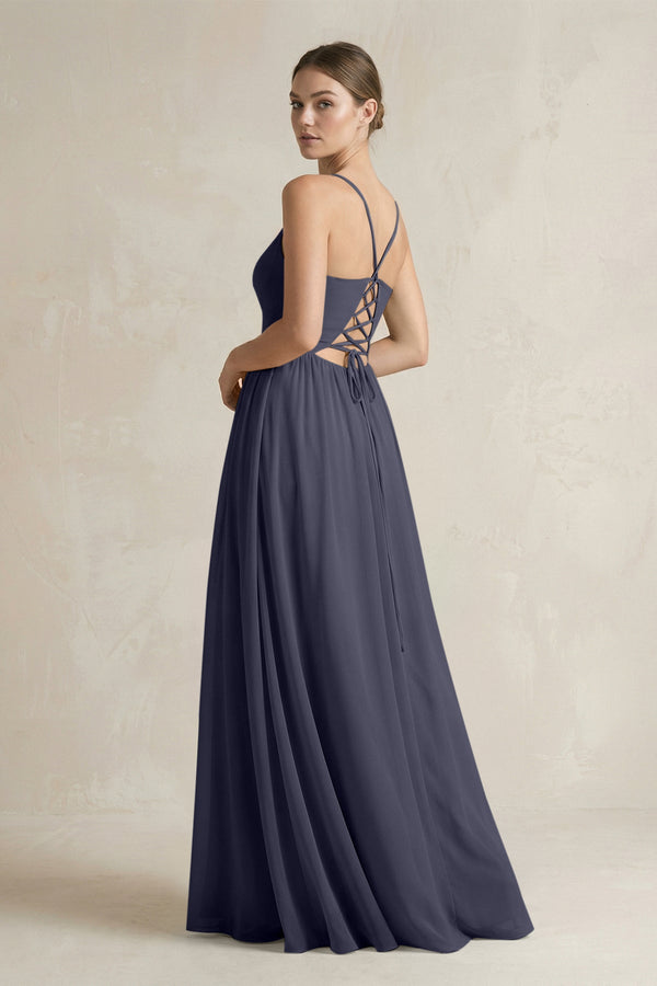 A-Line Spaghetti Strap Chiffon Bridesmaid Dress in Dusk Blue - KissProm BRIDESMAID DRESSES