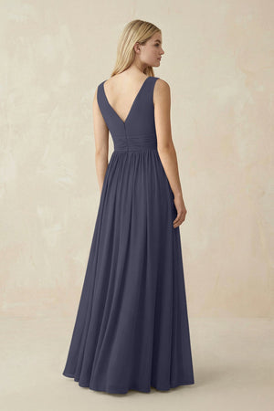 V-Neck Chiffon Pleated A-Line Bridesmaid Dress in Dusk Blue - KissProm BRIDESMAID DRESSES