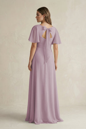 Flutter Sleeve V-Neck A-Line Chiffon Bridesmaid Dress in Dusk