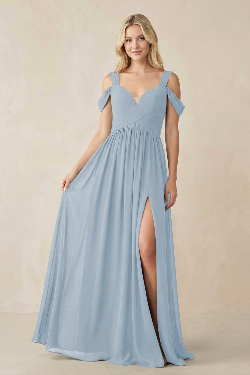 Chiffon A-Line Bridesmaid Dress with Slit  in Dusty Blue - KissProm BRIDESMAID DRESSES