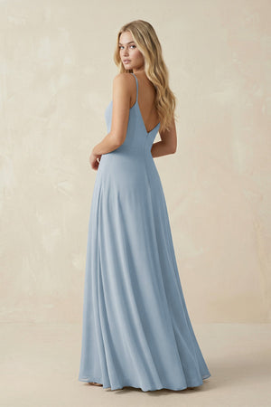 Cami Strap A-Line Chiffon Bridesmaid Dress with Slit in Dusty Blue - KissProm BRIDESMAID DRESSES
