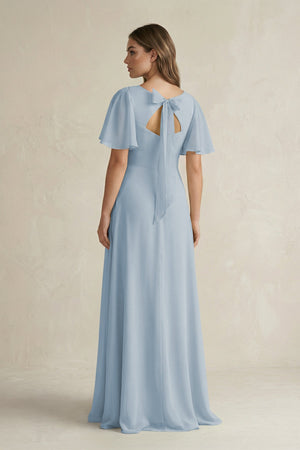 Flutter Sleeve V-Neck A-Line Chiffon Bridesmaid Dress in Dusty Blue