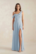 One-Shoulder Chiffon A-Line Bridesmaid Dress in Dusty Blue - KissProm BRIDESMAID DRESSES