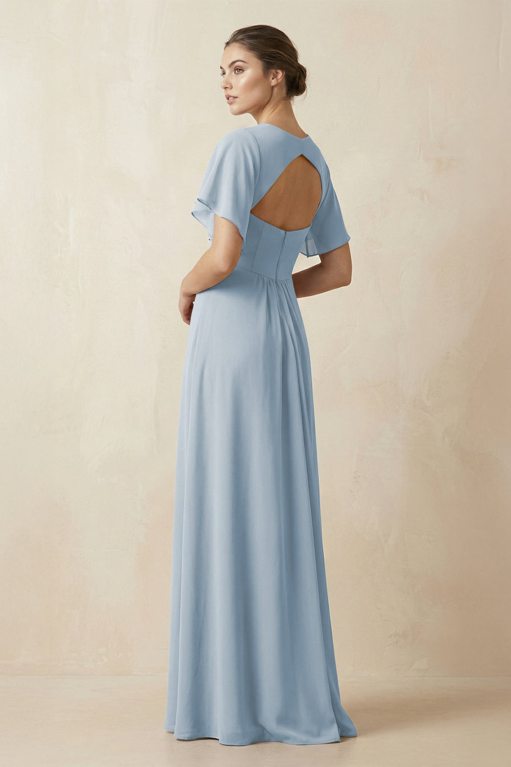 Short Sleeve V-Neck Chiffon A-Line Bridesmaid Dress in Dusty Blue - KissProm BRIDESMAID DRESSES
