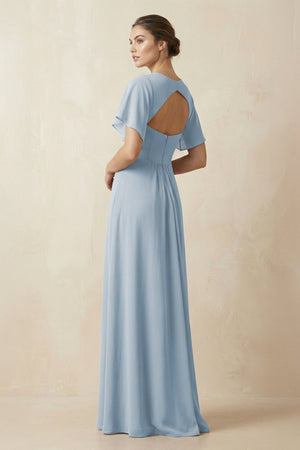 Short Sleeve V-Neck Chiffon A-Line Bridesmaid Dress in Dusty Blue - KissProm BRIDESMAID DRESSES