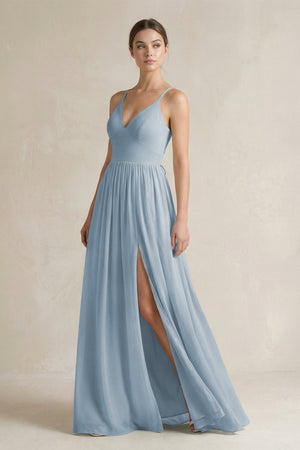 A-Line Spaghetti Strap Chiffon Bridesmaid Dress in Dusty Blue - KissProm BRIDESMAID DRESSES