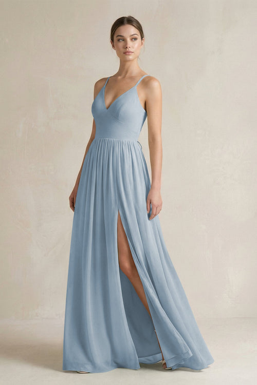 A-Line Spaghetti Strap Chiffon Bridesmaid Dress in Dusty Blue - KissProm BRIDESMAID DRESSES