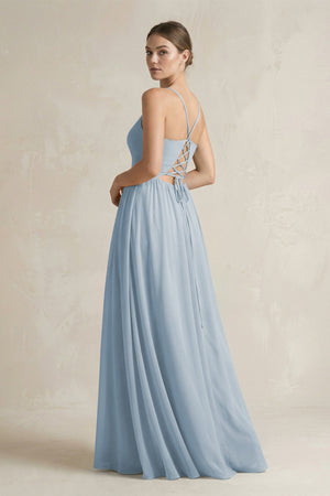 A-Line Spaghetti Strap Chiffon Bridesmaid Dress in Dusty Blue - KissProm BRIDESMAID DRESSES