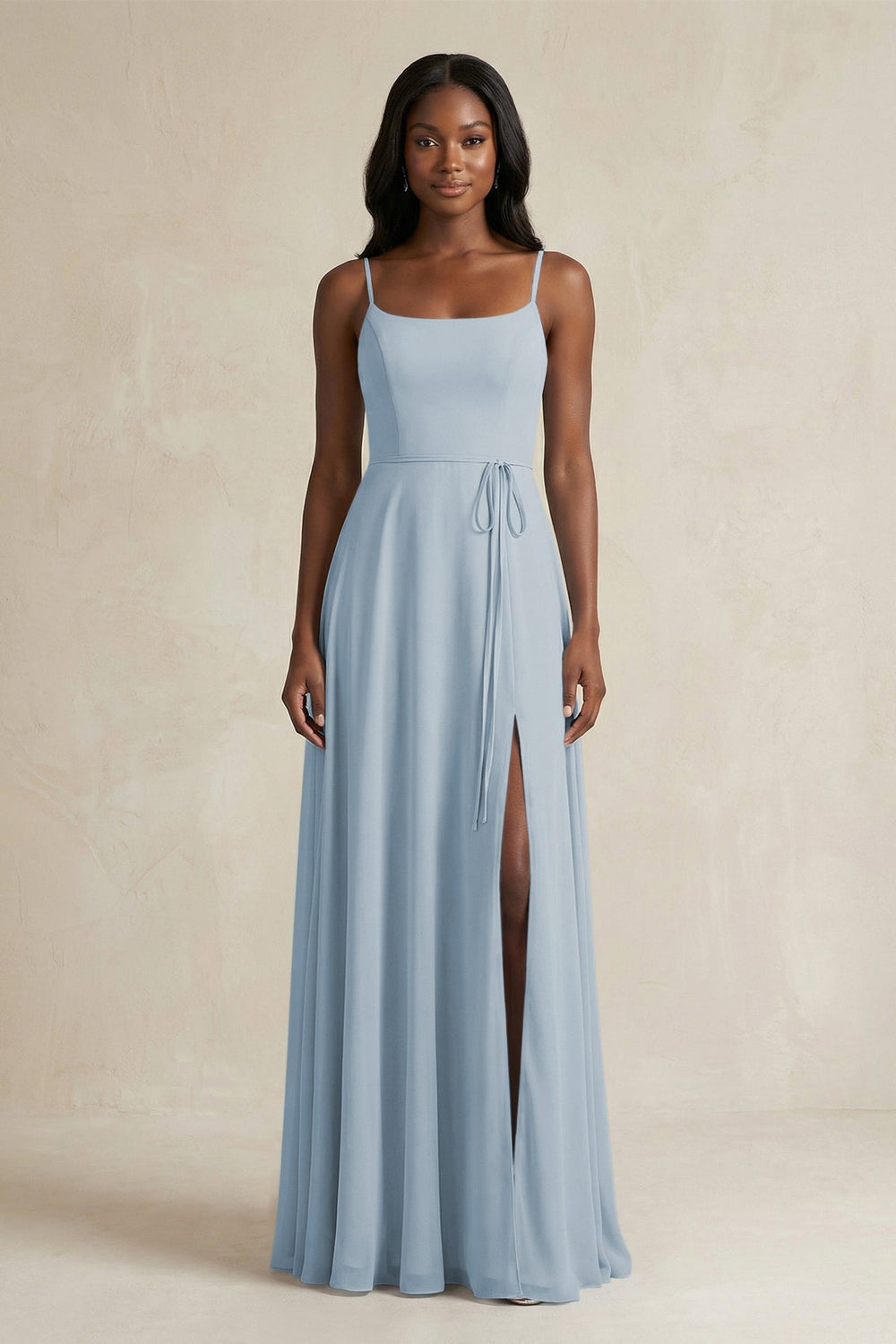 A-Line Spaghetti Straps Chiffon Bridesmaid Dress in Dusty Blue - KissProm BRIDESMAID DRESSES