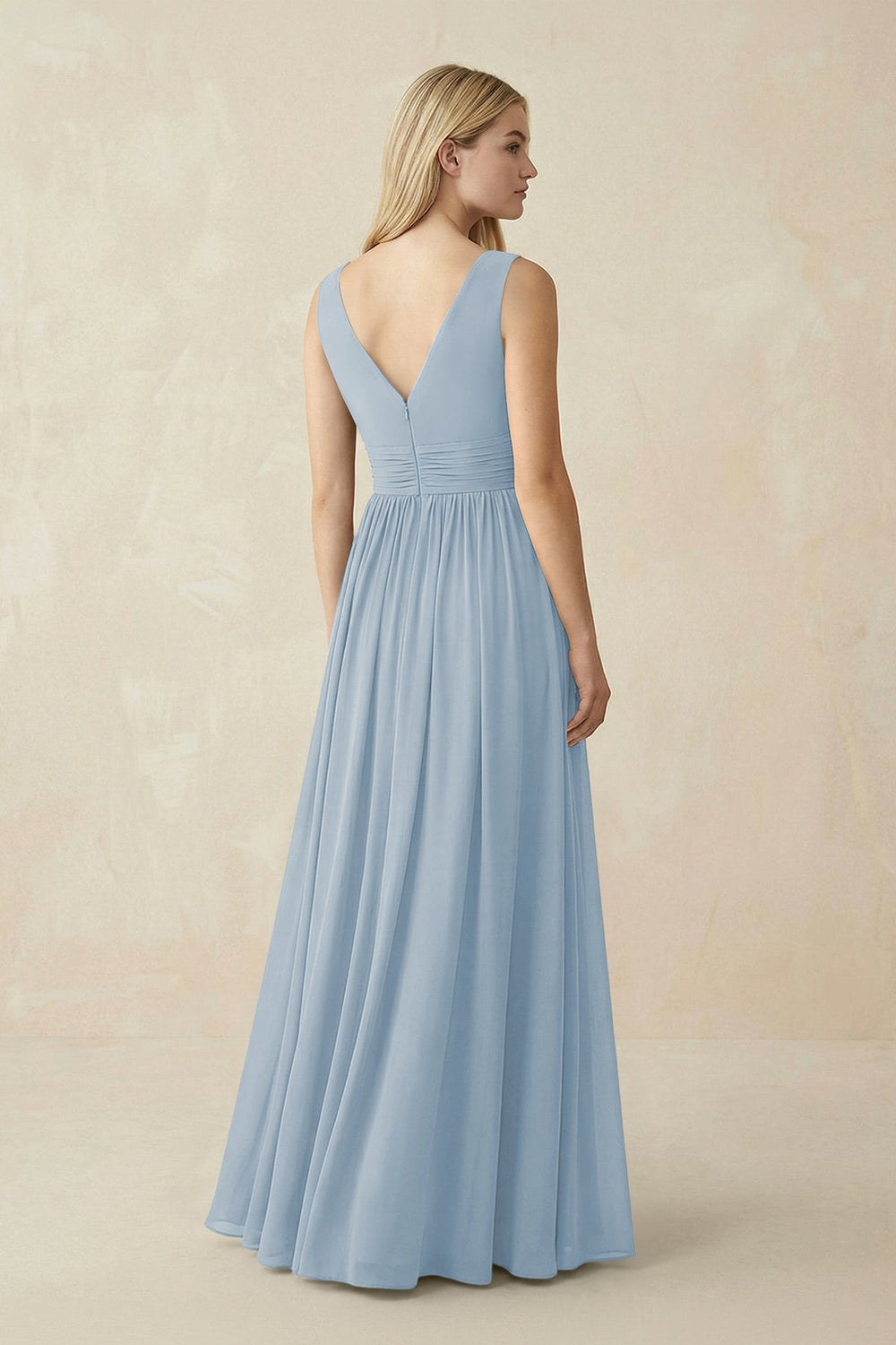 V-Neck Chiffon Pleated A-Line Bridesmaid Dress in Dusty Blue - KissProm BRIDESMAID DRESSES