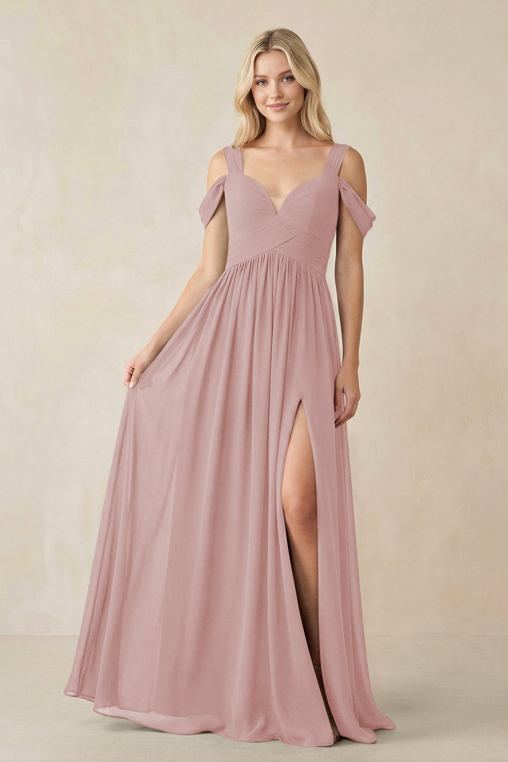 Chiffon A-Line Bridesmaid Dress with Slit  in Dusty Rose - KissProm BRIDESMAID DRESSES