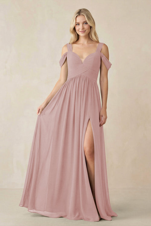Chiffon A-Line Bridesmaid Dress with Slit  in Dusty Rose - KissProm BRIDESMAID DRESSES