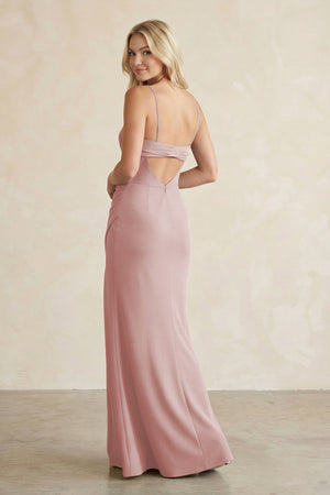 Cami Strap Chiffon Sheath Bridesmaid Dress with Slit in Dusty Rose - KissProm BRIDESMAID DRESSES