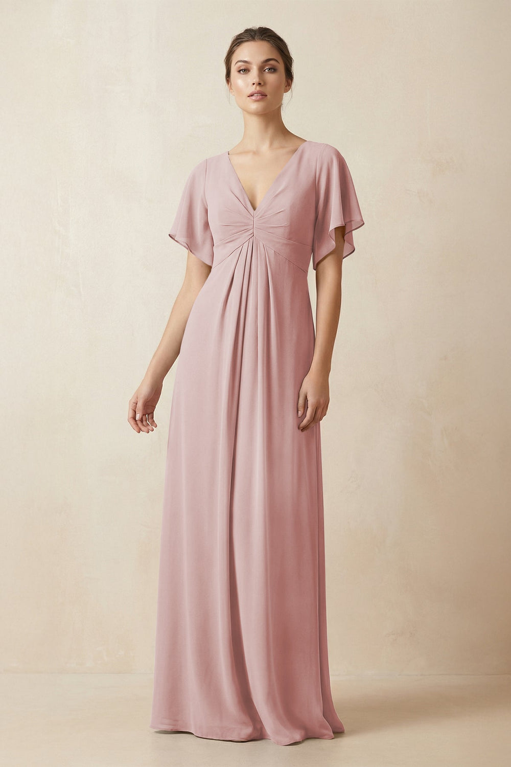 Short Sleeve V-Neck Chiffon A-Line Bridesmaid Dress in Dusty Rose - KissProm BRIDESMAID DRESSES