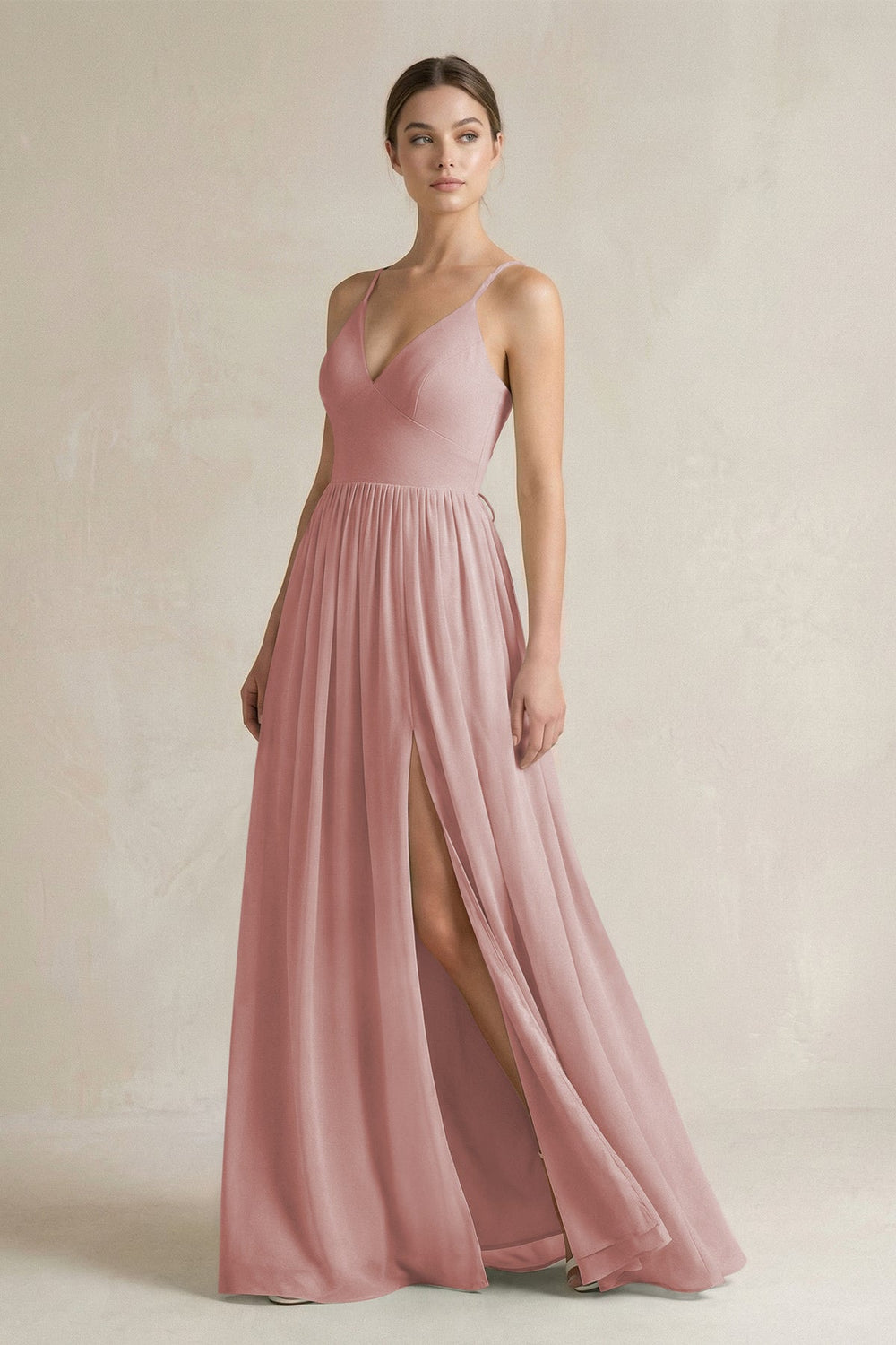 A-Line Spaghetti Strap Chiffon Bridesmaid Dress in Dusty Rose - KissProm BRIDESMAID DRESSES