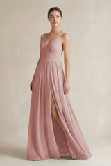 A-Line Spaghetti Strap Chiffon Bridesmaid Dress in Dusty Rose - KissProm BRIDESMAID DRESSES