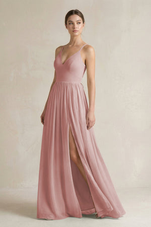A-Line Spaghetti Strap Chiffon Bridesmaid Dress in Dusty Rose - KissProm BRIDESMAID DRESSES