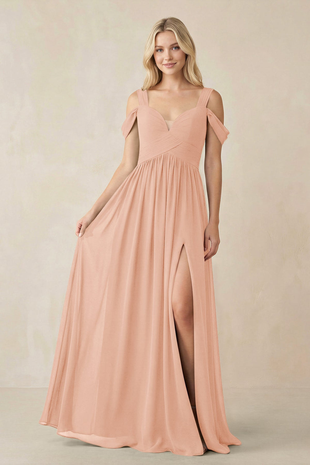 Chiffon A-Line Bridesmaid Dress with Slit  in English Rose - KissProm BRIDESMAID DRESSES