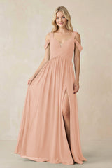 Chiffon A-Line Bridesmaid Dress with Slit  in English Rose - KissProm BRIDESMAID DRESSES