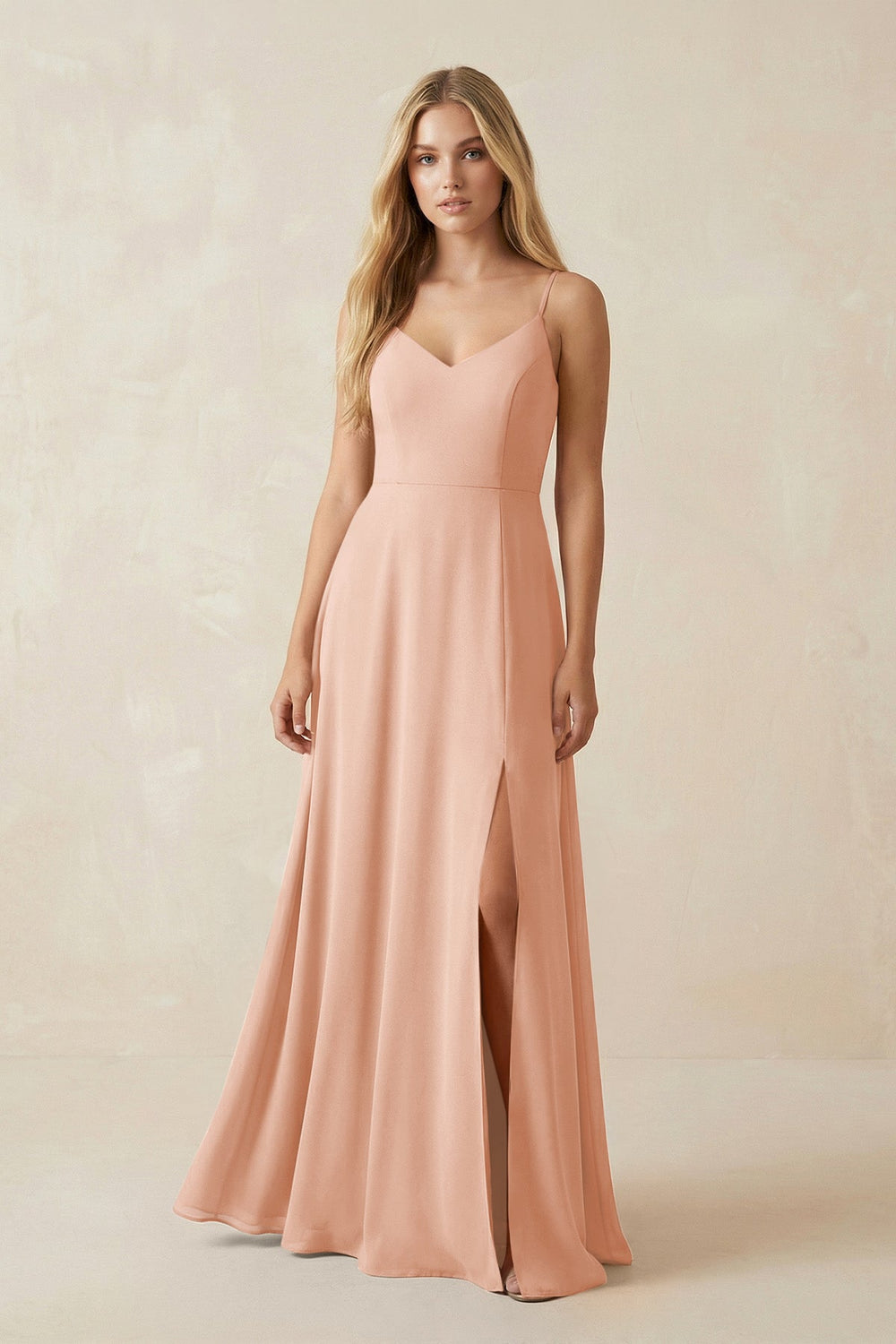 Cami Strap A-Line Chiffon Bridesmaid Dress with Slit in English Rose - KissProm BRIDESMAID DRESSES