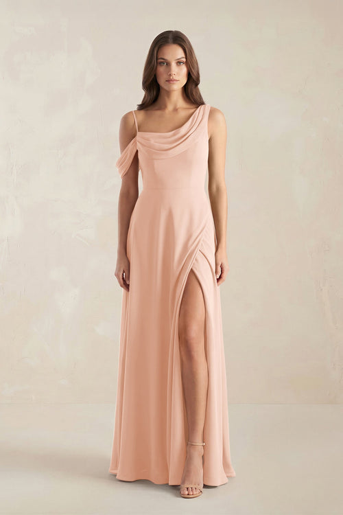 One-Shoulder Chiffon A-Line Bridesmaid Dress in English Rose - KissProm BRIDESMAID DRESSES