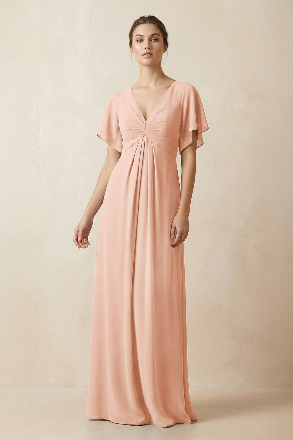 Short Sleeve V-Neck Chiffon A-Line Bridesmaid Dress in English Rose - KissProm BRIDESMAID DRESSES