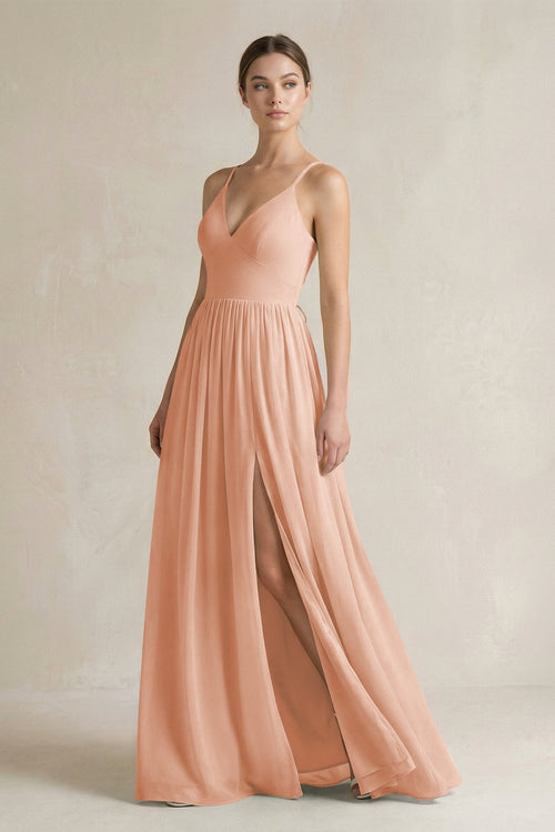 A-Line Spaghetti Strap Chiffon Bridesmaid Dress in English Rose - KissProm BRIDESMAID DRESSES