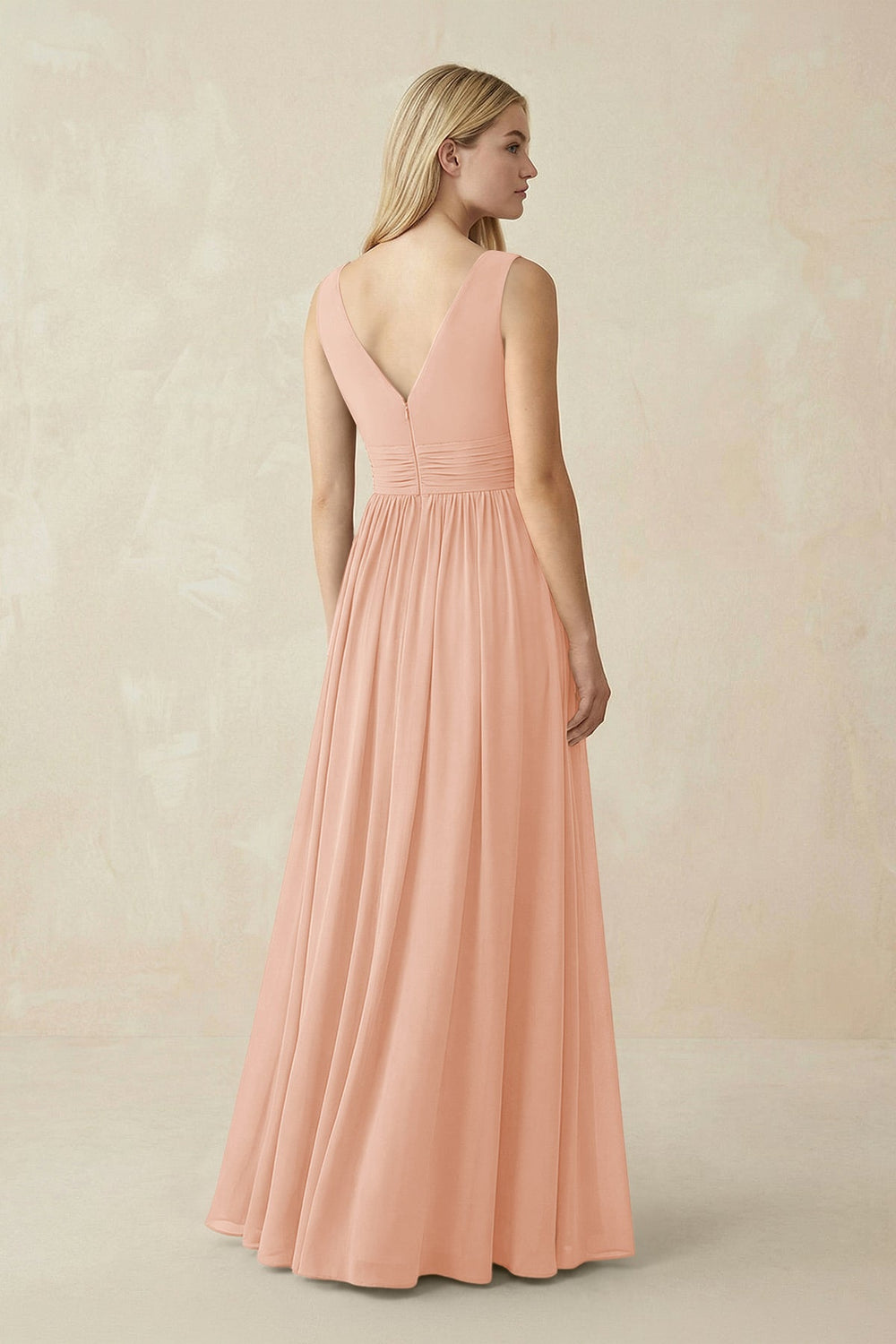 V-Neck Chiffon Pleated A-Line Bridesmaid Dress in English Rose - KissProm BRIDESMAID DRESSES