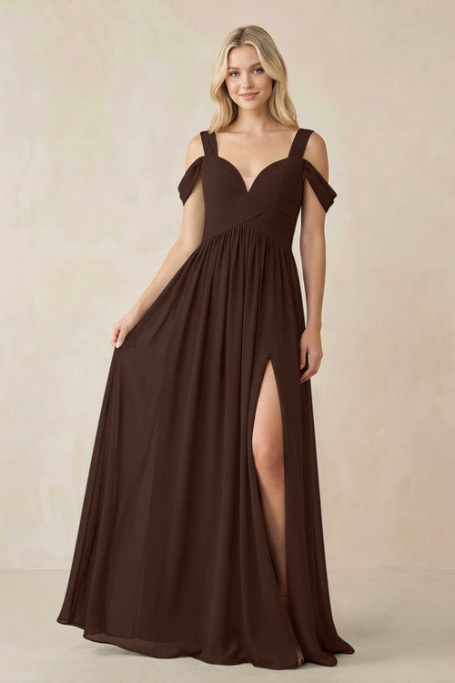 Chiffon A-Line Bridesmaid Dress with Slit  in Espresso - KissProm BRIDESMAID DRESSES