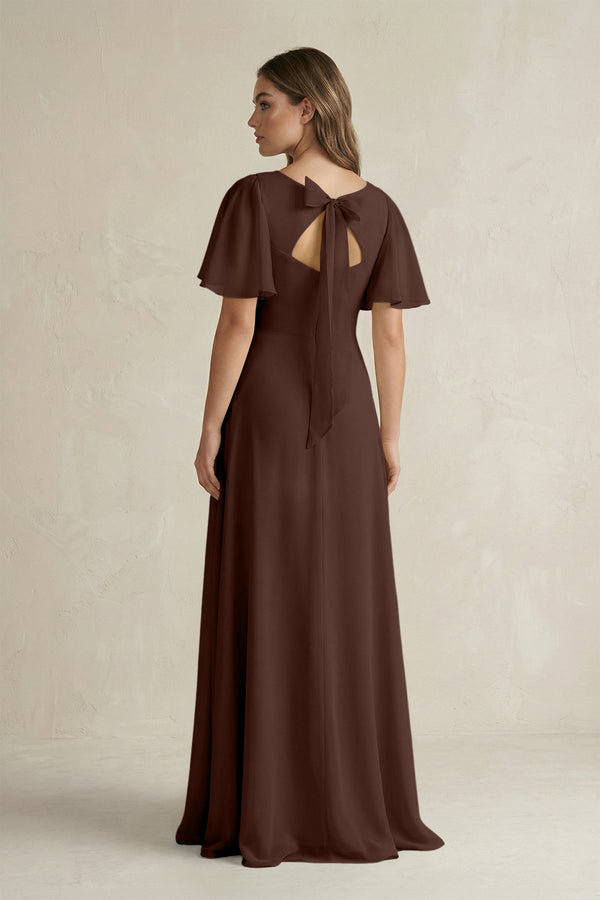 Flutter Sleeve V-Neck A-Line Chiffon Bridesmaid Dress in Espresso, Espresso / 28 Flutter Sleeve V-Neck A-Line Chiffon Bridesmaid Dress in Espresso, Espresso / 28