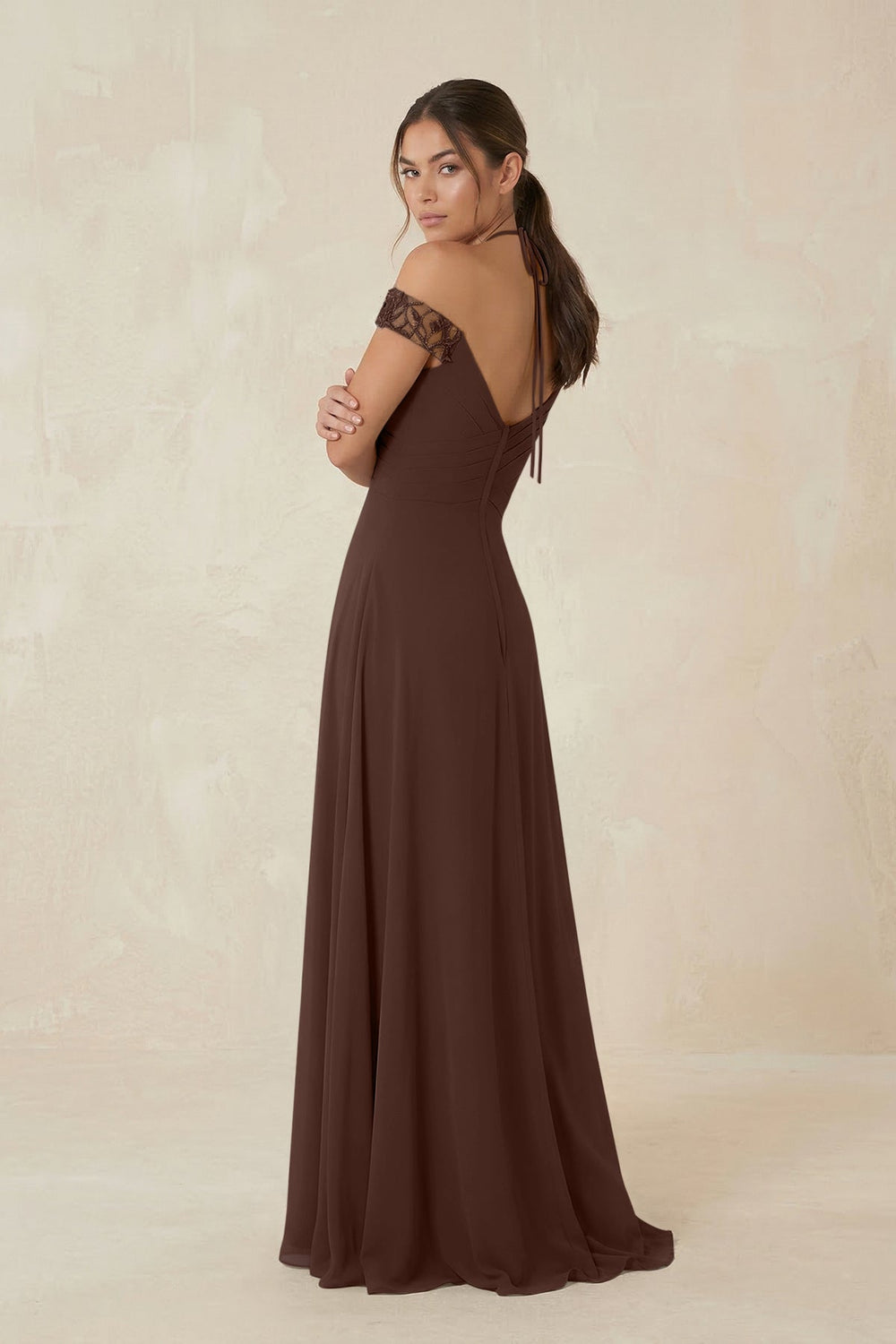 A-Line Off-the-Shoulder Chiffon Bridesmaid Dress in Espresso - KissProm BRIDESMAID DRESSES