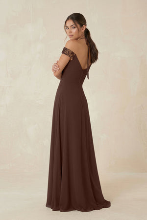 A-Line Off-the-Shoulder Chiffon Bridesmaid Dress in Espresso - KissProm BRIDESMAID DRESSES