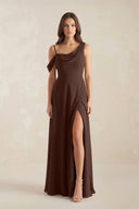 One-Shoulder Chiffon A-Line Bridesmaid Dress in Espresso - KissProm BRIDESMAID DRESSES
