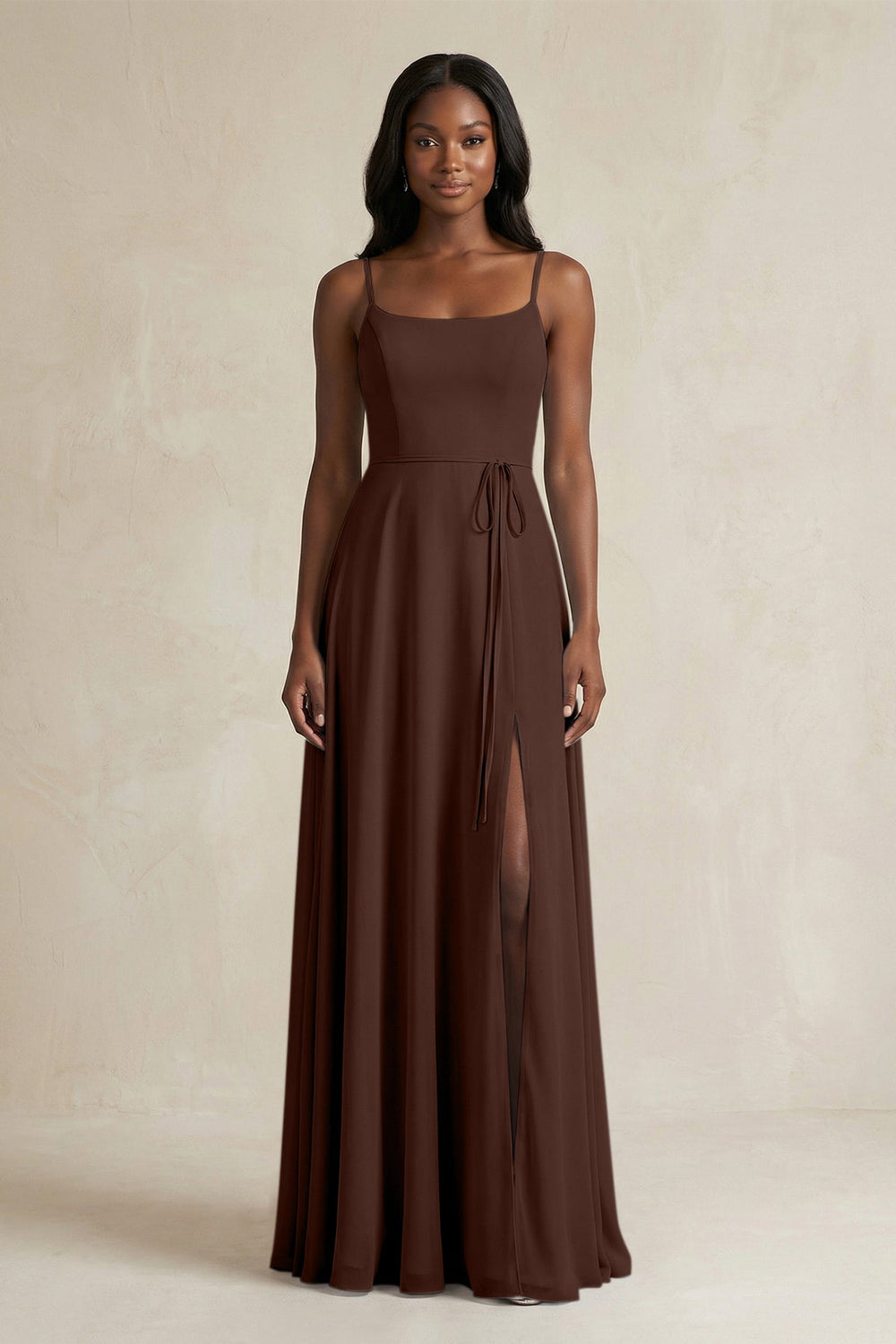 A-Line Spaghetti Straps Chiffon Bridesmaid Dress in Espresso - KissProm BRIDESMAID DRESSES