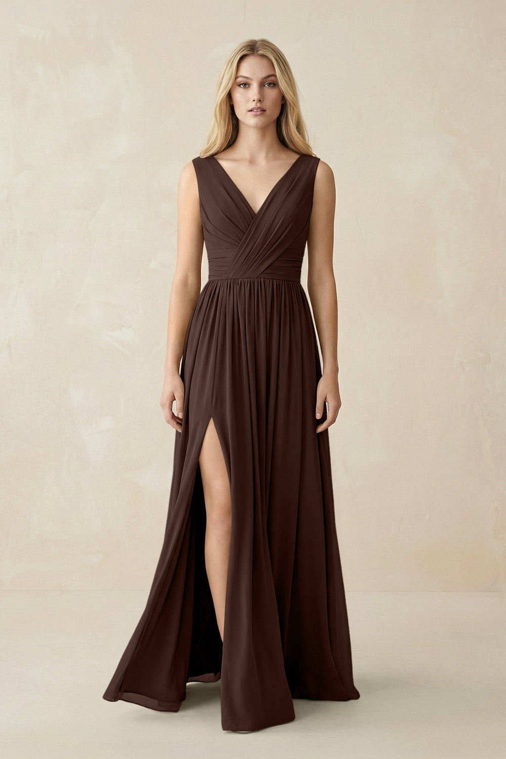 V-Neck Chiffon Pleated A-Line Bridesmaid Dress in Espresso - KissProm BRIDESMAID DRESSES
