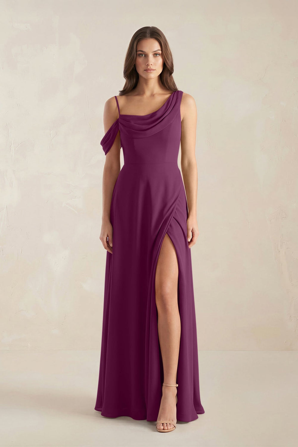 One-Shoulder Chiffon A-Line Bridesmaid Dress in Fig - KissProm BRIDESMAID DRESSES
