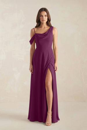 One-Shoulder Chiffon A-Line Bridesmaid Dress in Fig - KissProm BRIDESMAID DRESSES